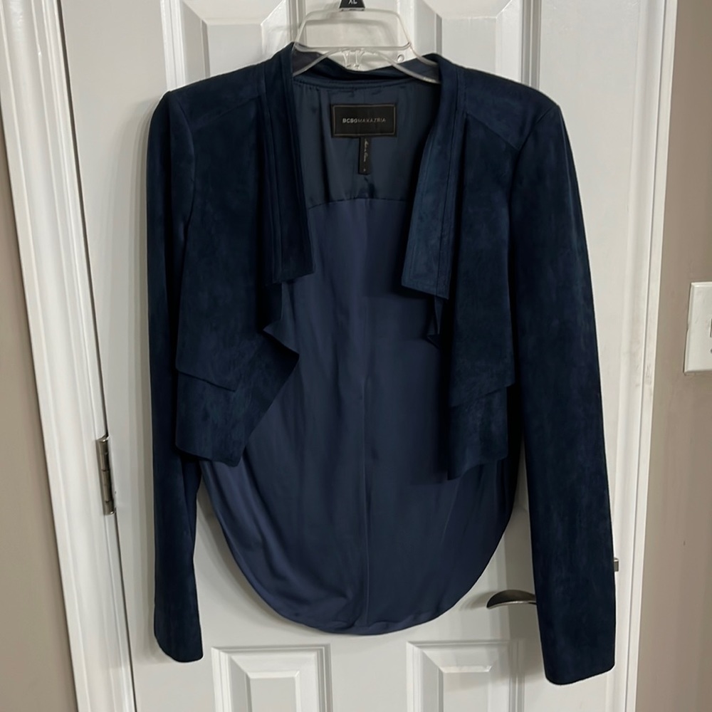 BCBGMAXAZARIA navy suede crop jacket fabric back size small